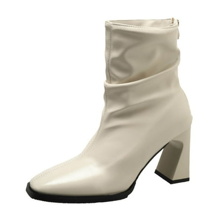 DVKOVI Dressy Shoes for Women Womens Mid Calf Boots Women s Autumn and Winter British Fashion Boots Outdoor Warm Shoes Heel Boots for Women High Heel Boots for Women White 38