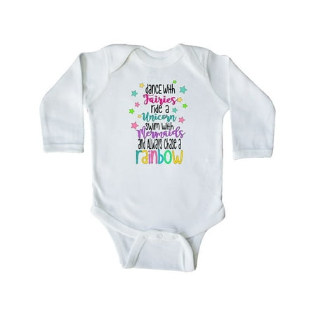 

Inktastic Dance with Fairies Ride a Unicorn Swim with Mermaids Gift Baby Boy or Baby Girl Long Sleeve Bodysuit