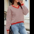 thumbnail image 4 of Suéter de Rayas de Larga para Mujer, Cuello en V, Bloque de Color, Punto Suave, Jersey de Moda Marrón y L, 4 of 8