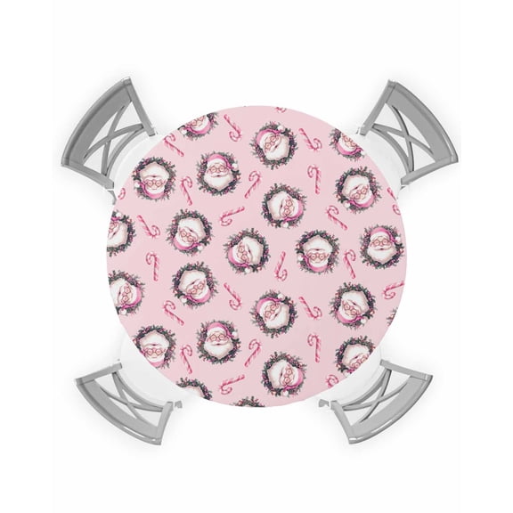 nqOlkjepod Pink Christmas Round Tablecloth, Fitted Table Cover with Elastic for 36"-44" Round Tables, Santa Candy Snowflake Xmas Table Cloth Outdoor Indoor Dinning Party Waterproof Tablecloths