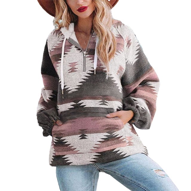 Mujeres V Masajeadores de cuello HOODIE pullover Tops casual moda manga larga cordón impreso sudadera con bolsillo Rosa XL