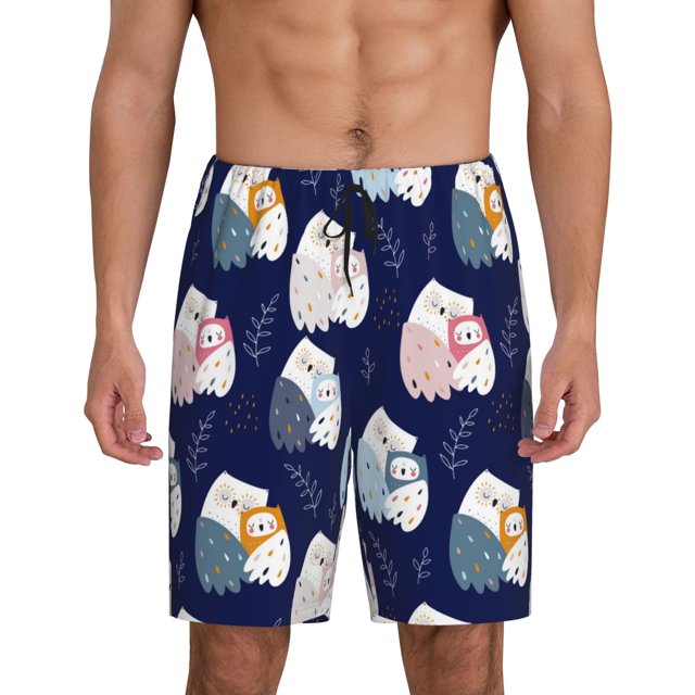 Balery Mom And Baby Owls Pantalones cortos de pijama de punto de algodón para hombre con cinturilla y bolsillos-X-Large