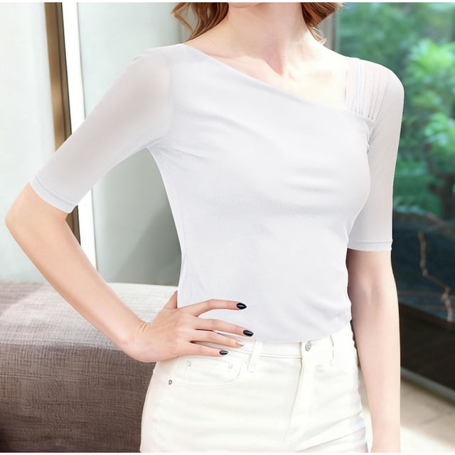 Tejiojio Women's Sheer Mesh Top Asymmetrical Neckline Half-Sleeve Casual Elegant Blouse
