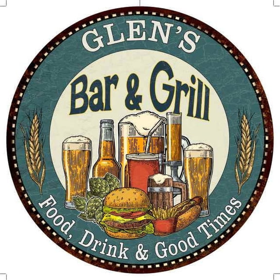 GLEN'S Bar and Grill 14" Round Metal Sign Kitchen Wall Decor 100140023061