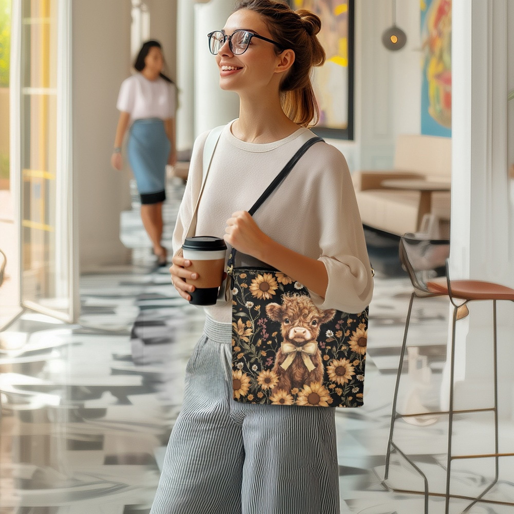 Kuiaobaty Highland Cow Print Bucket Crossbody Bag for Women Lady Sunflower Print Leather Hobo Satchel Purse Crossbody Cute Roomy Bucket Tote Bag with Adjustable Strap for Travel Brown