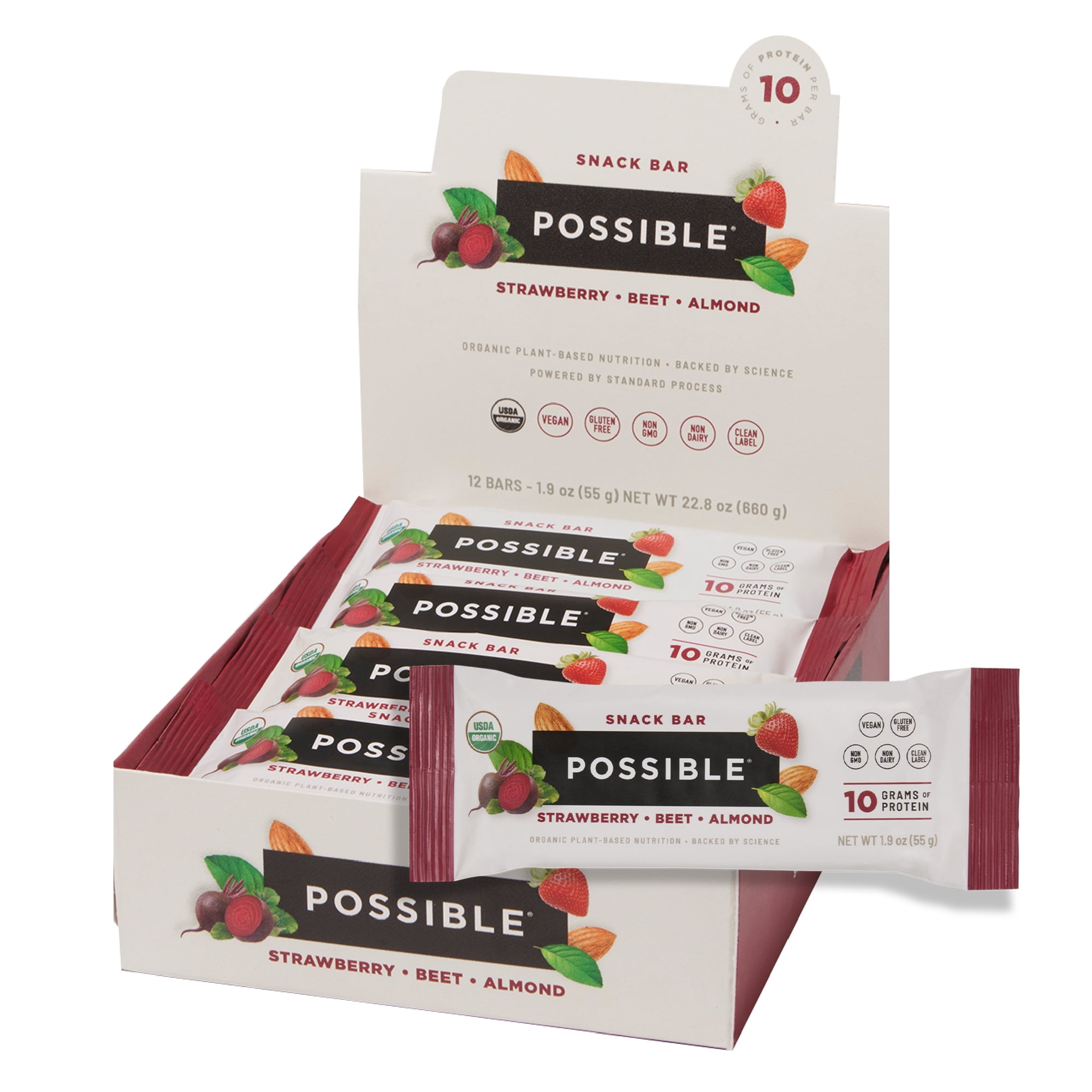 Possible Snack Bar - Organic Energy Bars with 10g of Plant-Based Protein - Vegan, Gluten-Free, Non-Dairy, USDA Organic - Healthy Fats - Clean Label - 1 Box, 12 Servings - Strawberry Beet Almond