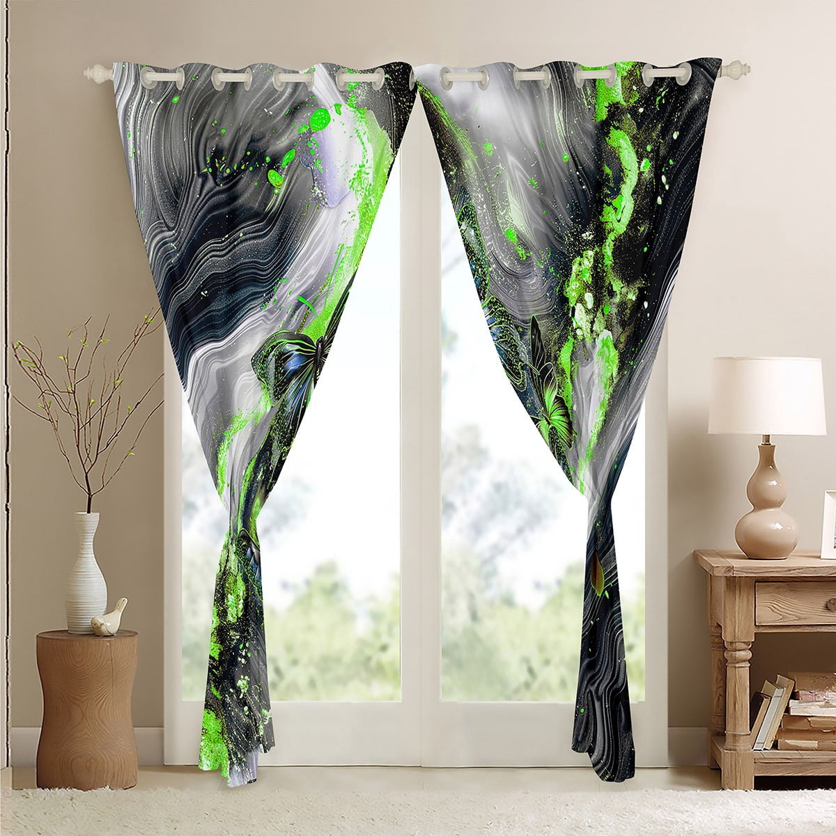 Black Marble 30%-50% Blackout Curtains Blue Butterfly Curtains,Green Marbling Curtains & Drapes 2 Panels 38"Wx45"L
