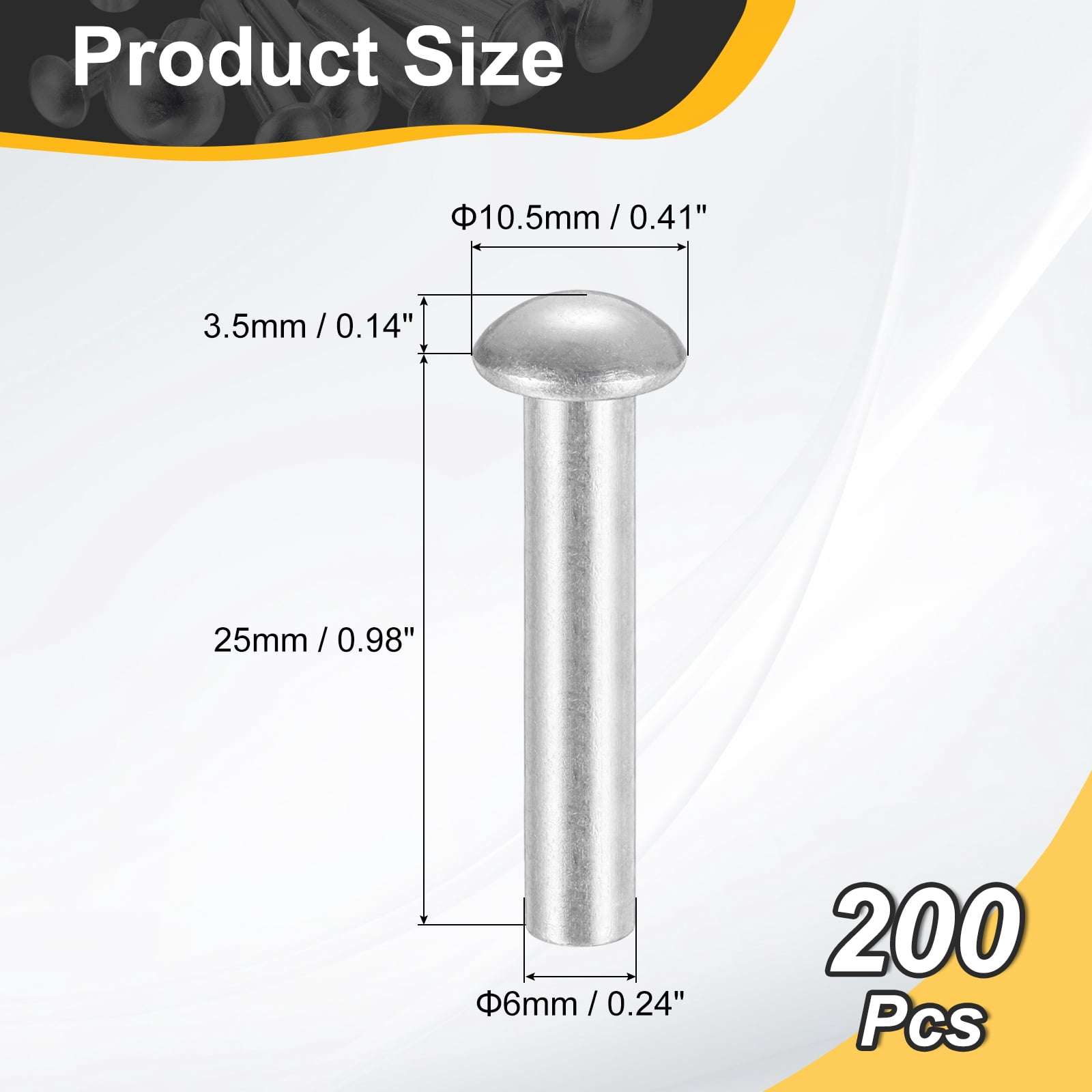 200Pack Brazier Head Rivets, M6 x 25mm Aluminum Solid Rivets, Silver Tone