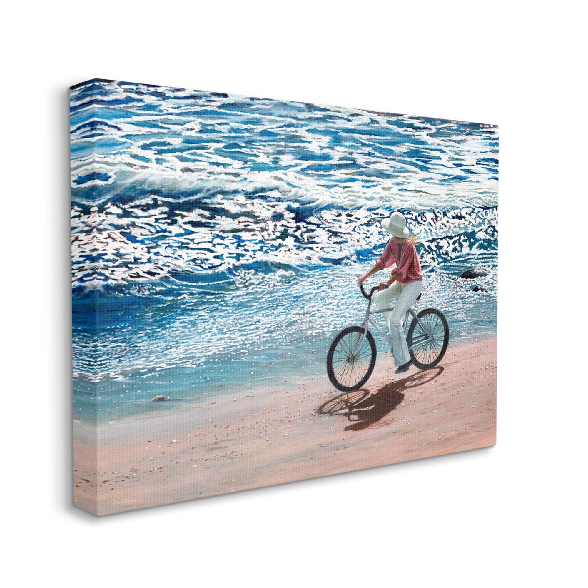 Stupell Industries Woman Riding Bicycle Coastal Beach Shoreline Landscape Painting Gallery Wrapped Canvas Print Wall Art, Design by Tom Mielko