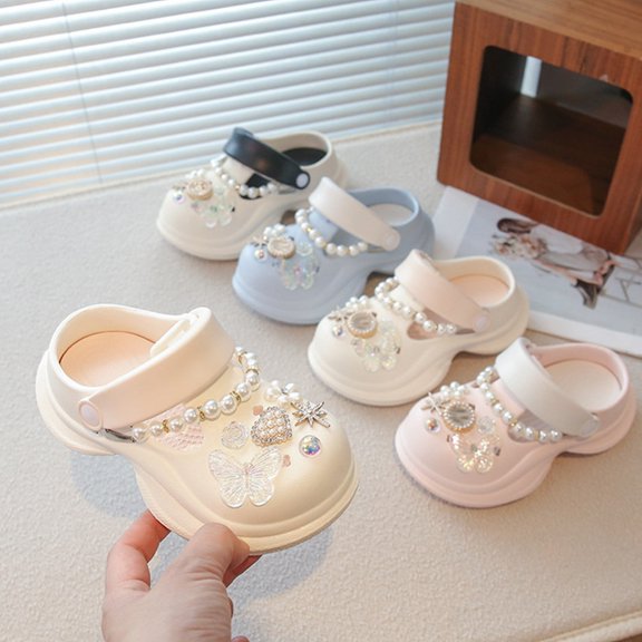 Tisuna Kids Clogs Girls Garden Clogs Slip On Slides Pearl Sandals Beach Pool Indoor Outdoor Black Shower Shoes