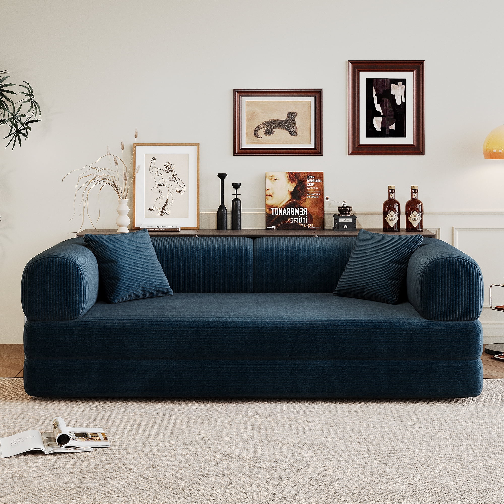 Miniyam 79" Compression Sofa, Convertible Floor Sofa Bed-with Pillow Back Support Armrest for Living Room, Bedroom, Blue