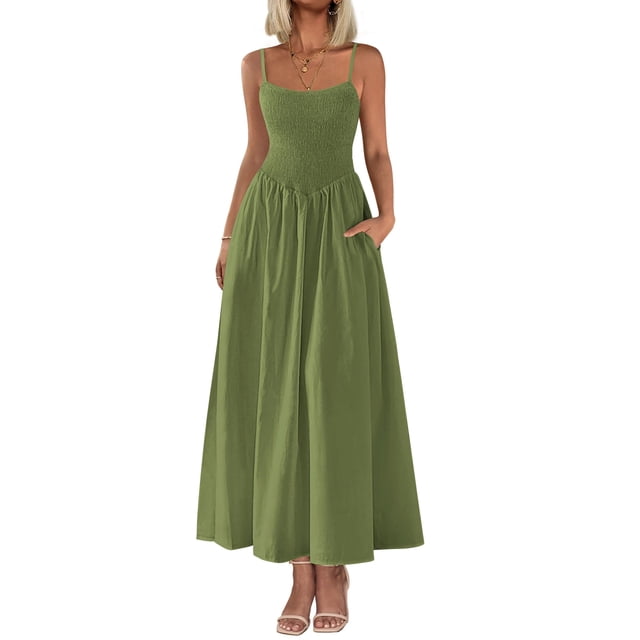 Vestido largo PRETTYGARDEN para mujer, fruncido, verano 2025, verde militar