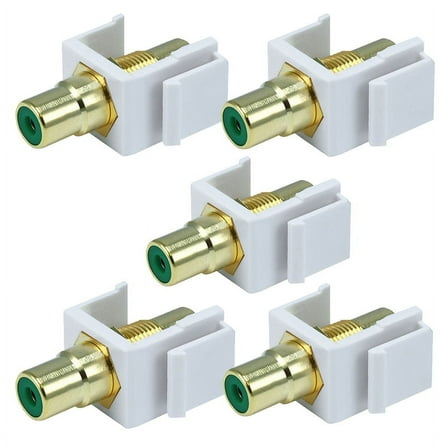 White Female RCA Keystone Jack Modular with Green Center for Wall Plates (5/pk)