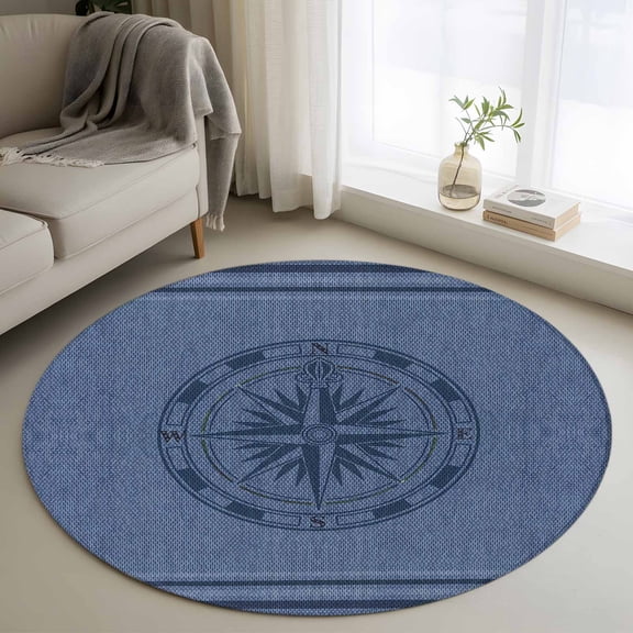 4ft Round Rug, Nautical Compass Non-Skid Rubber Backing Large Area Rugs - Living Room Bedroom Home Office, Navy Blue Striped Coastal Compass Indoor Floor Mat Carpets Washable Rug