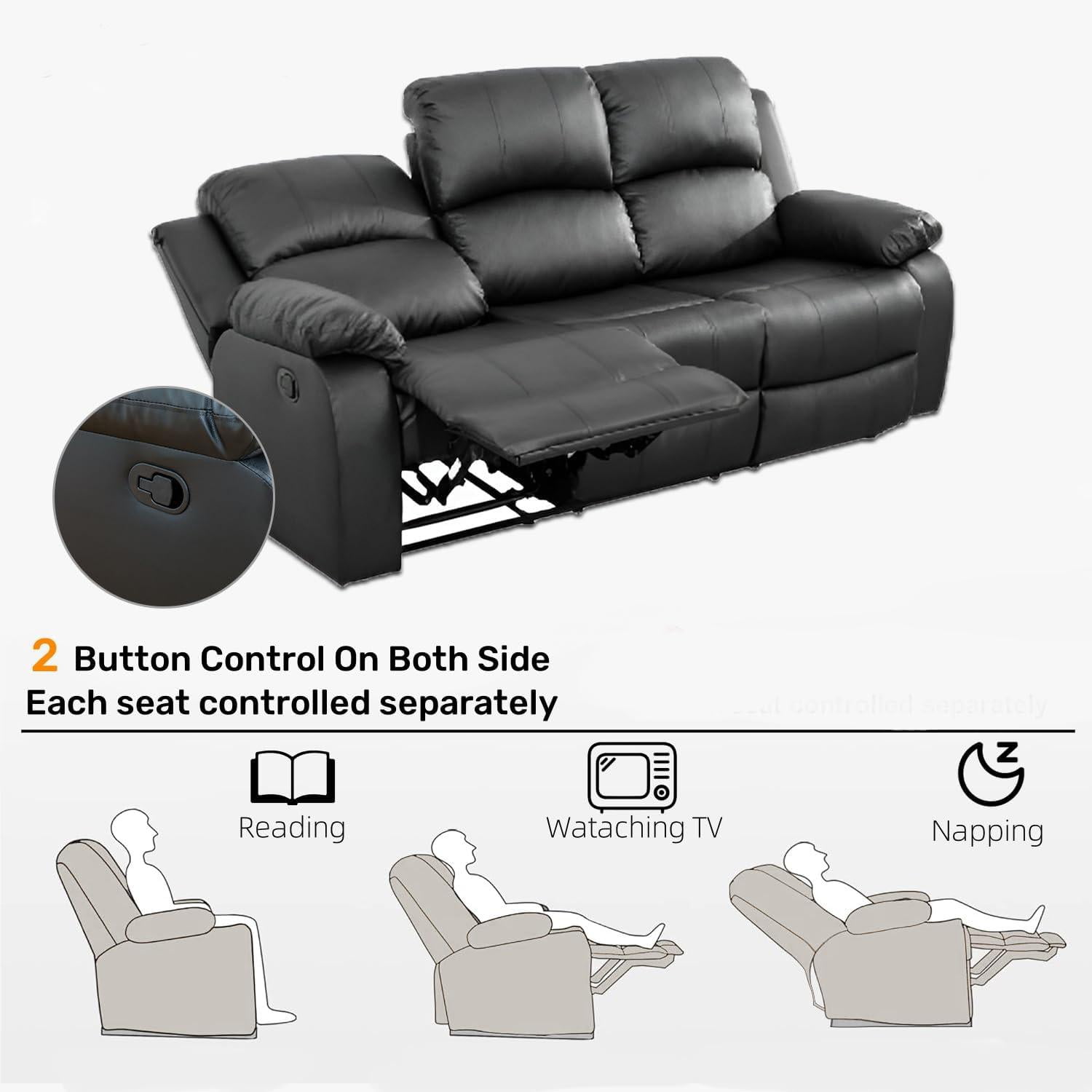 Gewnee Faux Leather Upholstered Manual Reclining Sofa with 3 Recliners and Cup Holders,Black