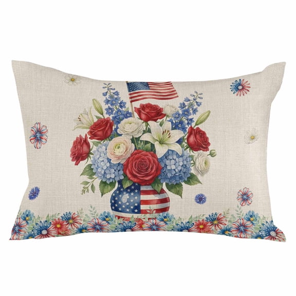 4th of July Floral Throw Pillow Cover 24 x 36 Inch Decorative Pillow Cover Vintage Red Blue Roses Patriotic Lumbar Pillowcase Seasonal Rectangle Cushion Case for Couch Sofa Bed Living Room