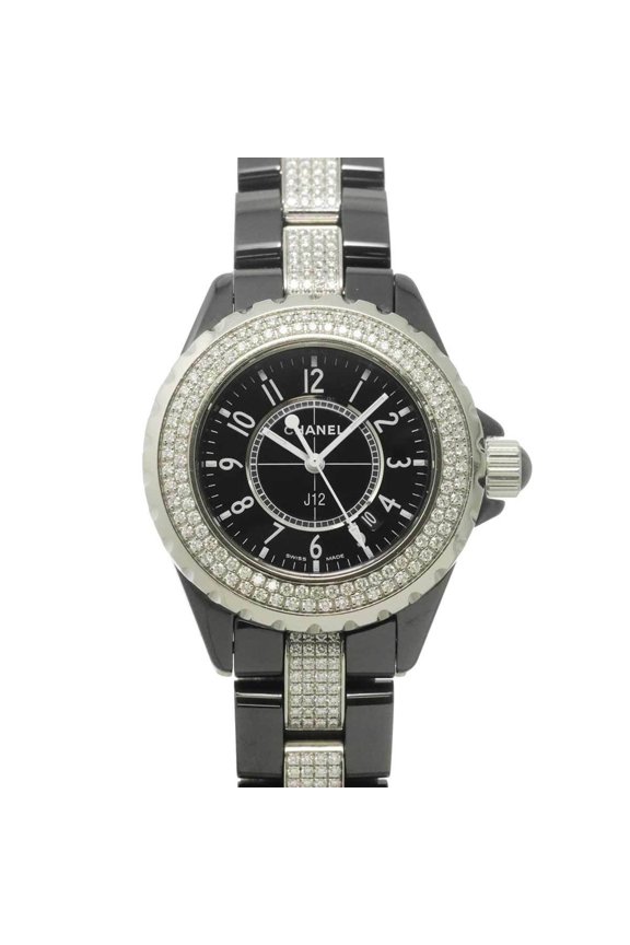 Pre-Owned Chanel J12 33mm H1338 Genuine Diamond Ladies' Watch, Black Ceramic, Date, Quartz Watch