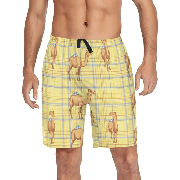 Men's Pajama Shorts Bottoms with Pockets Soft Lightweight Lounge Sleep Wear Cute Camel on Plaid