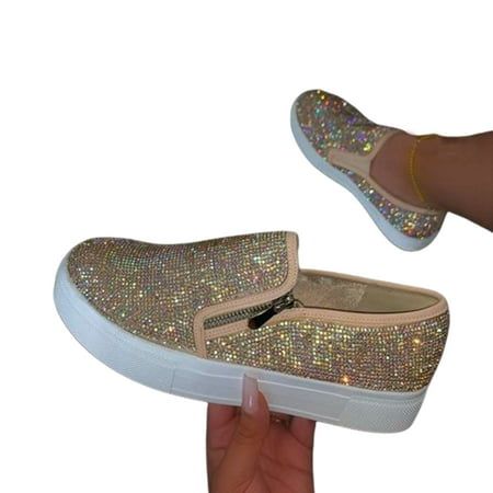 

COOLL Stylish Women Slip On Shiny Rhinestone Zipper Platform Shoes Low-cut Sneakers