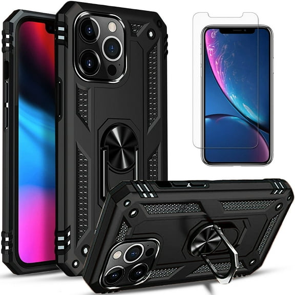 For iPhone 15 Plus Pro Max Case Shockproof iPhone Cover with Screen Protector and Ring Holder, Black