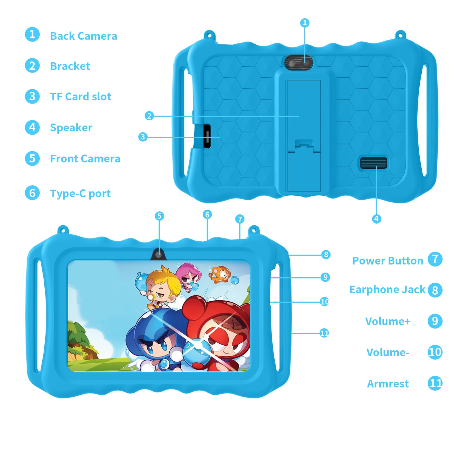 Kids Tablet, 7 inch Android 11 Tablet for Kids, 6(2+4) GB RAM 32GB ROM, Toddler Tablet with Bluetooth, GPS,WiFi,Parental Control, Dual Camera,Shockproof Case,Kids App Pre-Installed