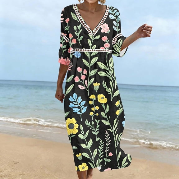 Ayolanni Floral Dresses for Women 2026 V-Neck 3/4 Sleeve A-Line Maxi Dress Holiday Casual Boho Cotton Long Dress Black L