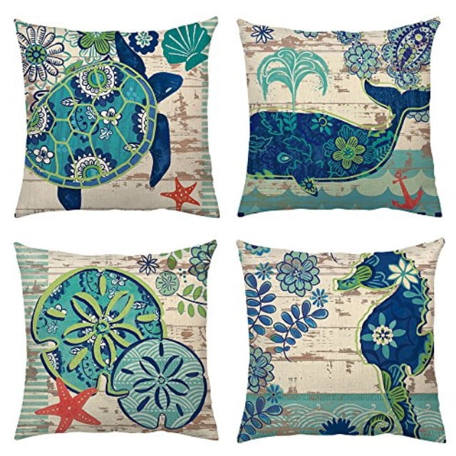 4 Pack Decorative Throw Pillow Case Ocean Marine Animal Set