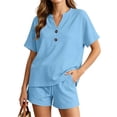 thumbnail image 2 of ZyeKqe Womens Summer Sets Button V Neck Short Sleeve Shirts Drawstring Elastic Waist Shorts Casual 2 Piece Workout Sets, 2 of 7