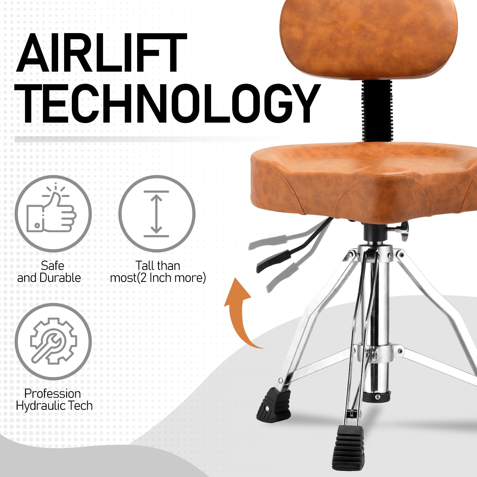 Ktaxon Adjustable Drum Throne with Backrest, 360° Rotating Hydraulic Seat, Thick Cushion for Home, Classroom, and Concert Use, Brown