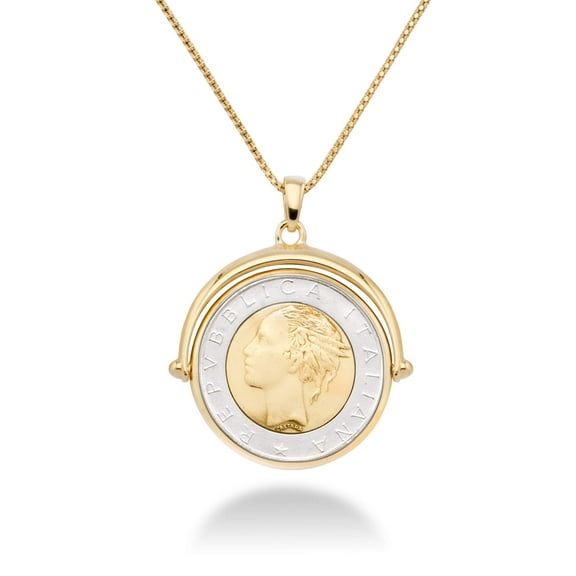 Miabella 18K Gold Over 925 Sterling Silver Italian Genuine 500-Lira Reversible Flip Coin Pendant Chain Necklace for Women, Chain Medallion Made in Italy (Length 18 Inches)