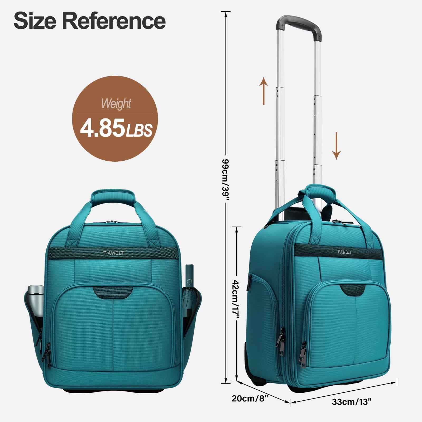 TIAWOLT Personal Item 16-Inch Underseat Carry on Luggage With Wheels Lightweight Wheeled Underseater under seat bags for airplanes Upright 2 Wheel ,Boy and Girl,Teal Green
