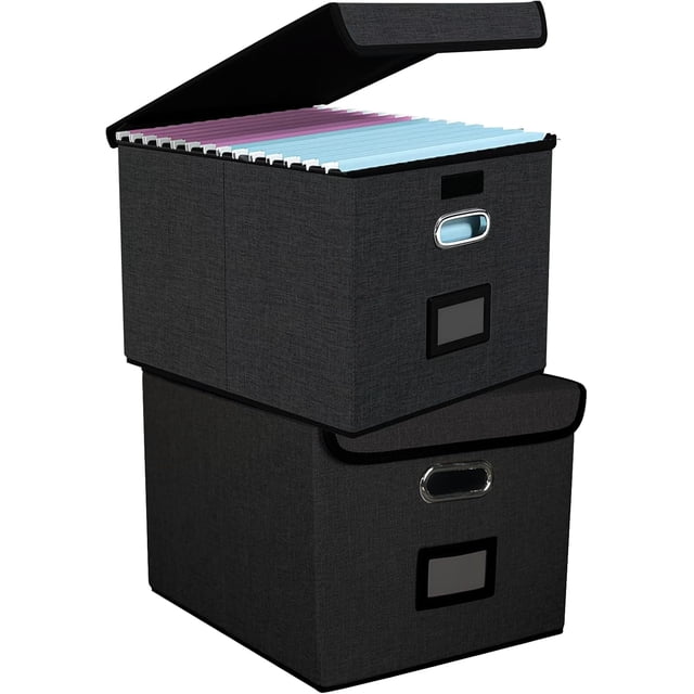 Juego de 2 Caja Organizadora De Archivos Portátil Con Tapa,Organizador de Documentosde Lino,Caja Archivero Plegables con Riel Deslizante Suave Para Carpetas y Archivadores Para El Hogar