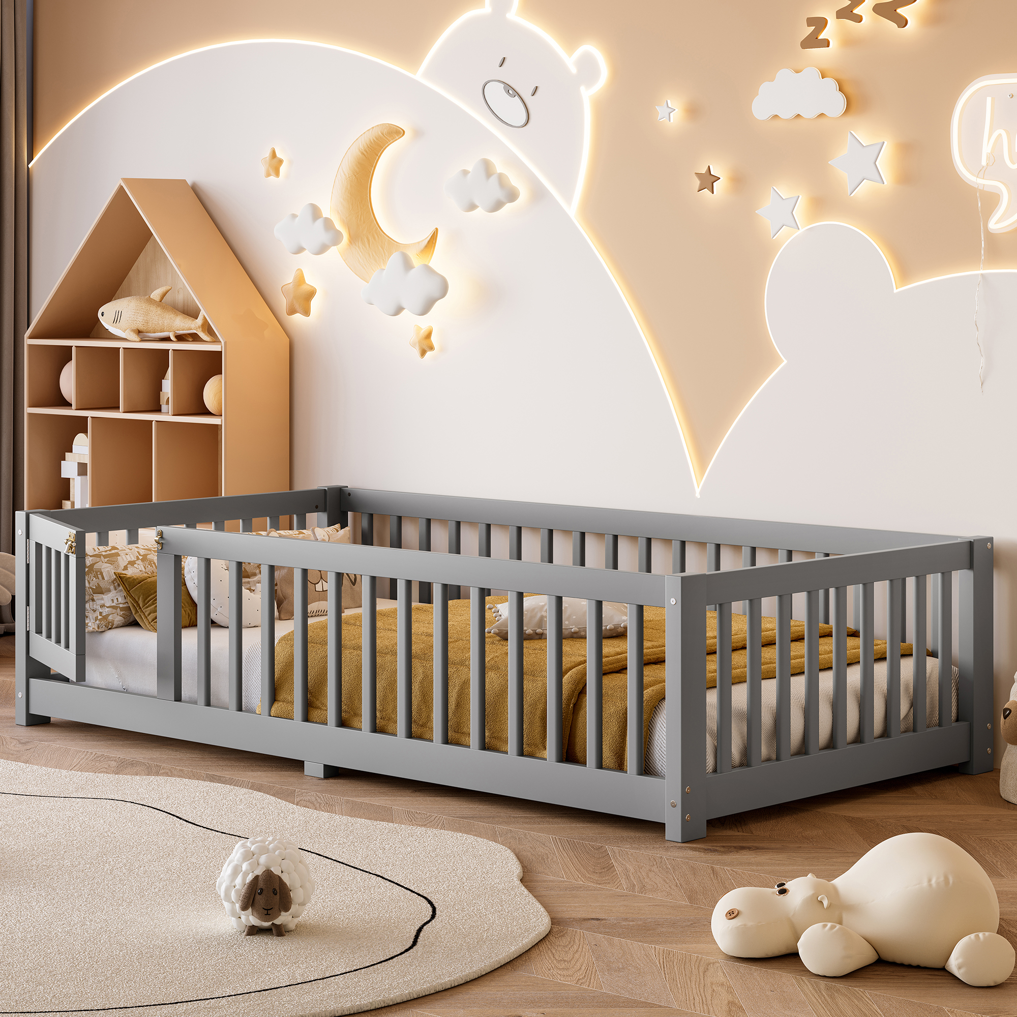 Jopath Twin Size Floor Bed Frame,Montessori Bed with Guardrails and Door,with Slatted Base,for Kids,Boys,Girls,Gray