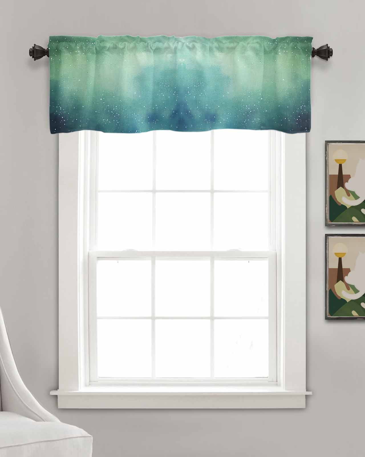 Teal Green Starry Night Kitchen Valances for Windows Farmhouse Linen Window Valance Curtain for Living Room Window Treatment Modern Vintage Scenery Valance Rod Pocket Topper Drape, 42 x 18 Inch