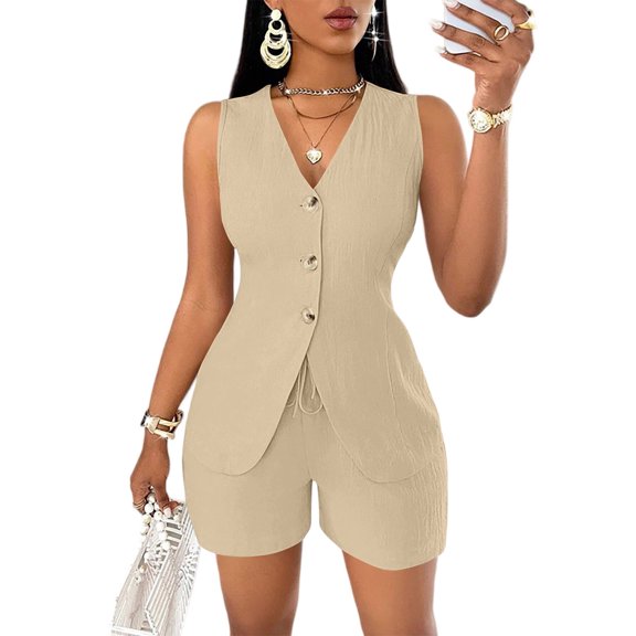 2 Piece Outfits Sleeveless Matching Sets Women's Summer Button Down V Neck Vest Waistcoat and Pockets Shorts Beige M