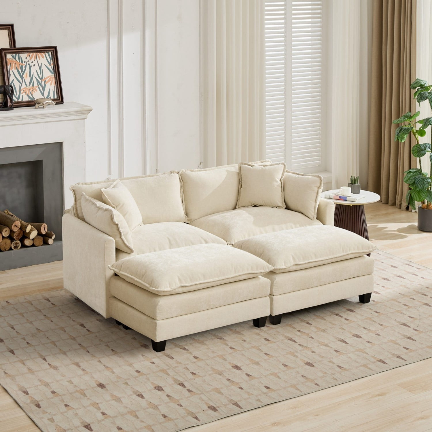 Cloud Sofa Ottoman, Modular Oversized Ottoman for Sectional Couch, Chenille Upholstered Footrest Stool for Living Room, Bedroom, Apartment, Beige
