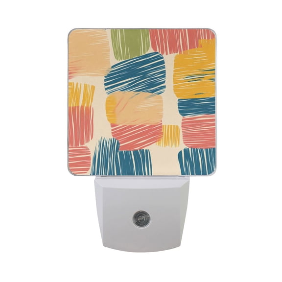Colorful Line Doodle Squares Night Light 2 Pack LED Nightlight Plug into Wall Dusk to Dawn Sensor Soft White