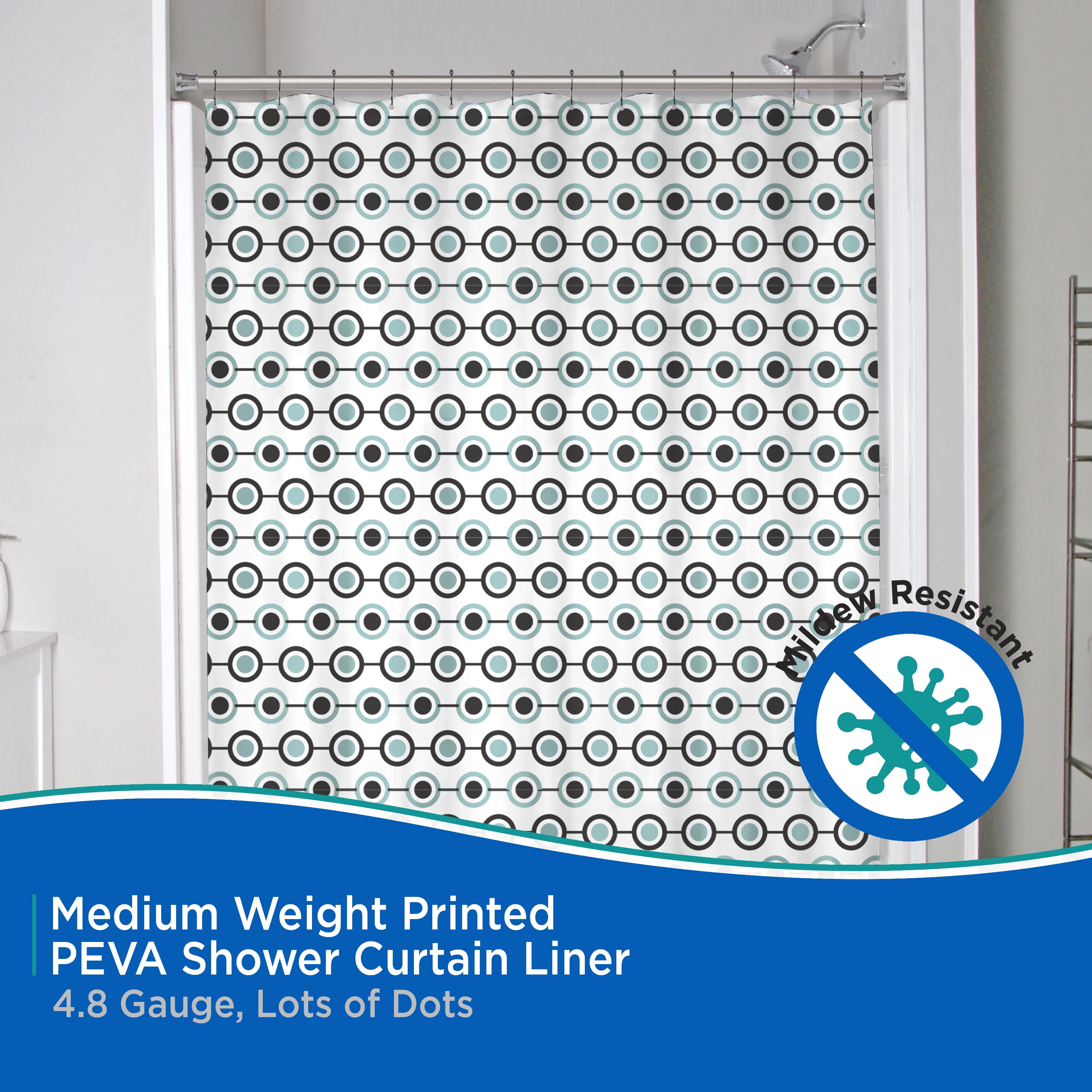 Kenney Medium Weight Decorative PEVA Shower Curtain Liner, 70" W x 72" H, Lots of Dots