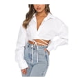 thumbnail image 1 of Liacowi Women Long Sleeve Tie Up Cropped Top Button Down Bandage Blouse Solid Color Office Basic Work Shirt Plus Size S-2XL, 1 of 5