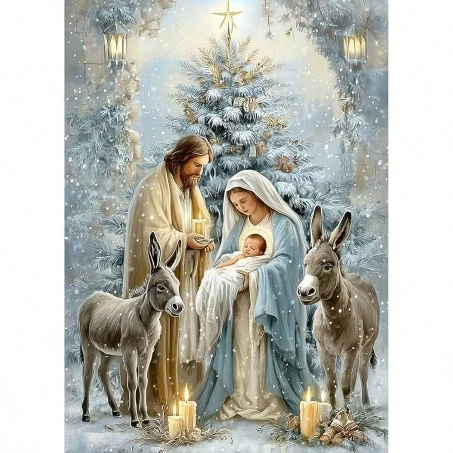 Nativity Scene Holy Family Canvas Wall Art Virgin Mary Joseph Baby Jesus with Donkeys Snowy Christmas Tree Poster Print for Religious Holiday Living Room Decor