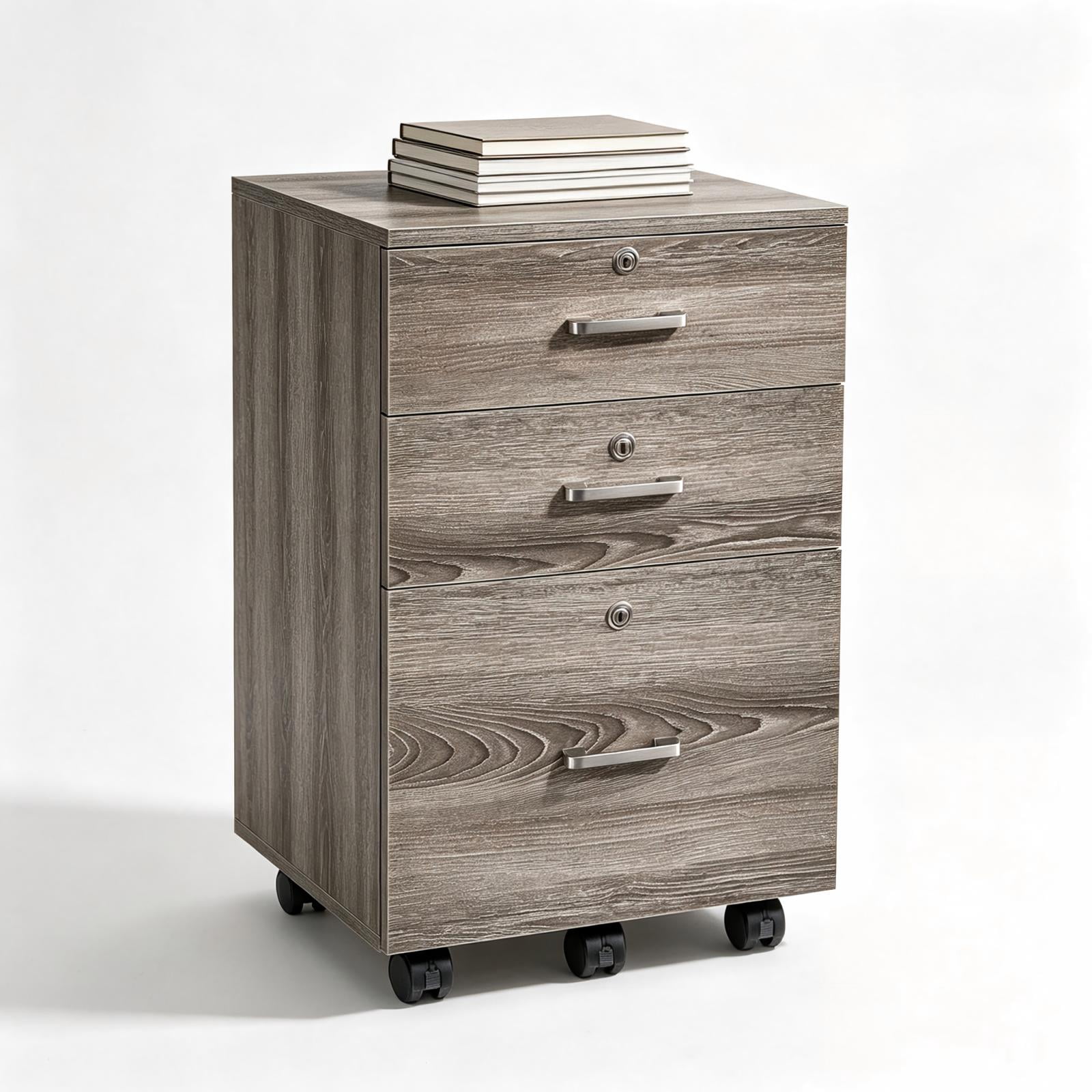 3-Drawer Particleboard Filing Cabinet, 15.7 x 15.7 x 26 in, Grey Oak
