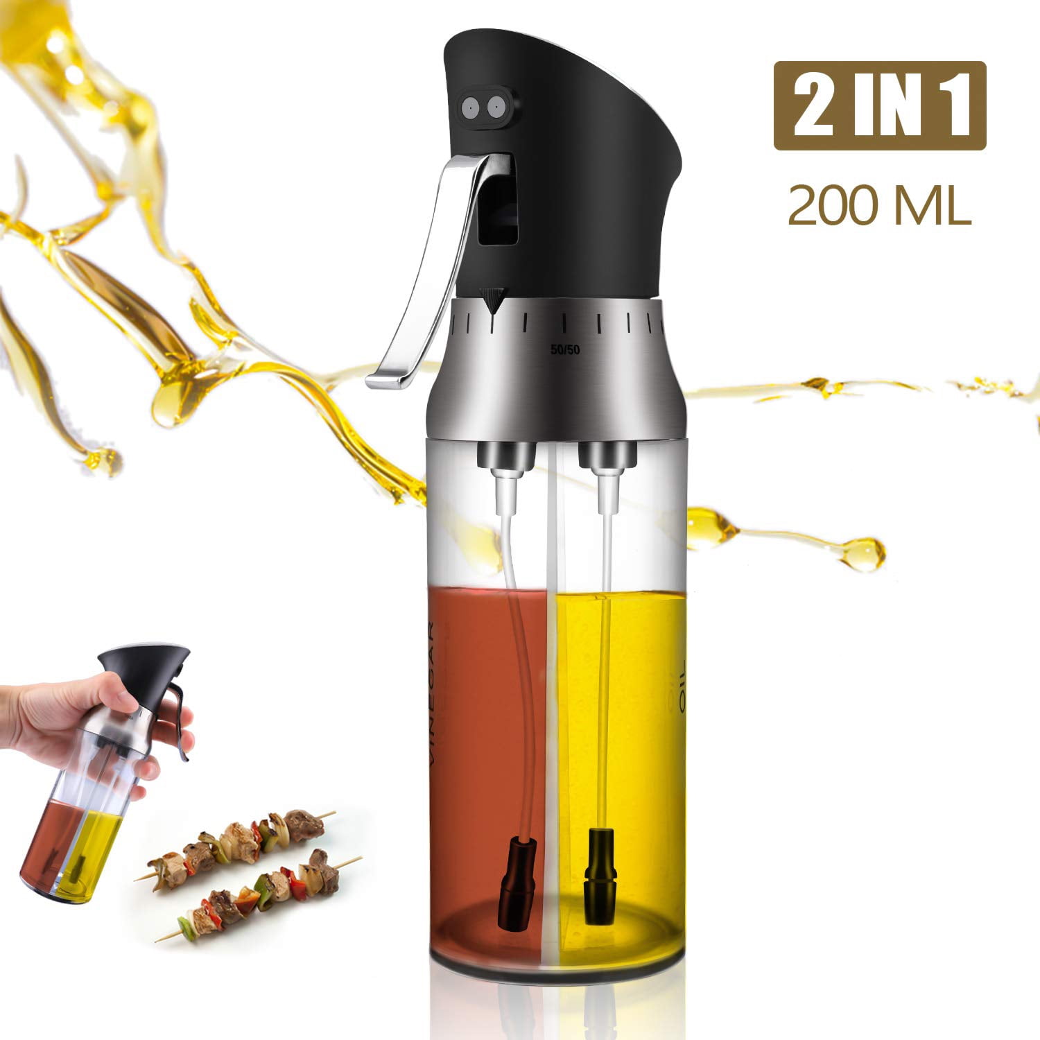 2 Pack Oil Vinegar Sprayer Dispenser for Cooking Olive Oil Sprayer 200ML Stainless Steel Glass Oil Spray Bottle with Funnel Oil Spray Bottle for Kitchen Salad BBQ Frying Grilling Baking Roasting
