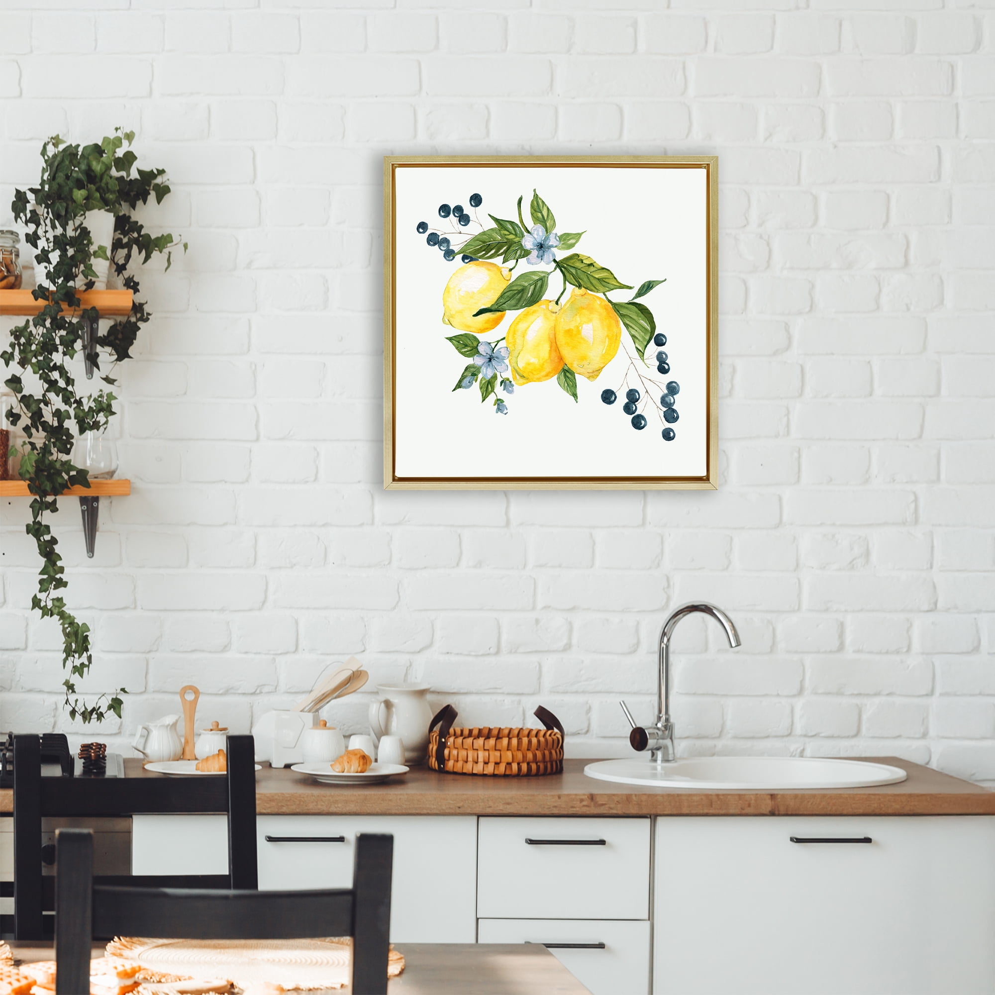 Stupell Industries Lemons with Blossoms & Berries Gold Framed Floater Canvas Wall Art, design by Livi Finn