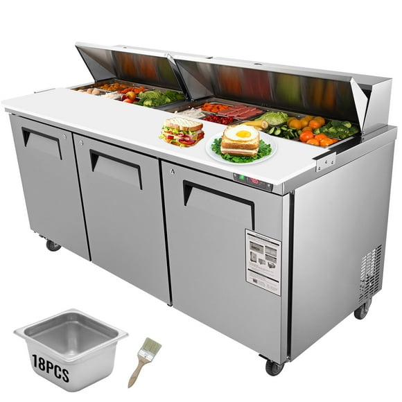 VEVOR Commercial refrigerator, 72-inch sandwich and salad prep table, 17.73 Cu. Ft Stainless steel refrigerated food preparation station, 18 pans, 3 door countertop refrigerator