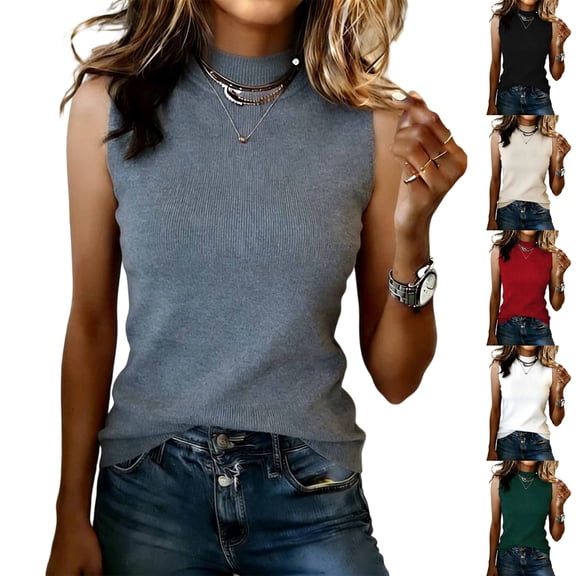 Stichou Womens 2026 Sleeveless Mock Turtleneck Tank Tops Slim Fit Stretch Ribbed Tops Casual Basic Layering Shirts Gray One Size