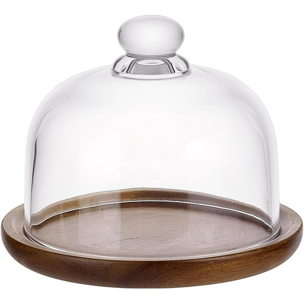 Mini soporte para pasteles de madera de acacia con cúpula de cristal. Campana de cristal transparente con base, ideal para repostería y como regalo. Medidas: 6×6×4,9 pulgadas.