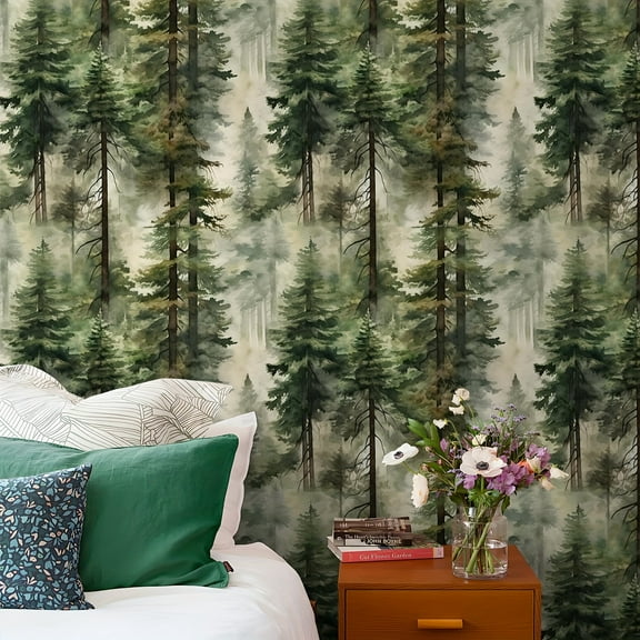 1pc, 17.5*118in, Forest Peel and Stick Wallpaper, Boho Self Adhesive Wallpaper, Tree Wall Paper, Removable Wallpaper, Renter Friendly Contact Paper for Bedroom Bathroom Wall Decor