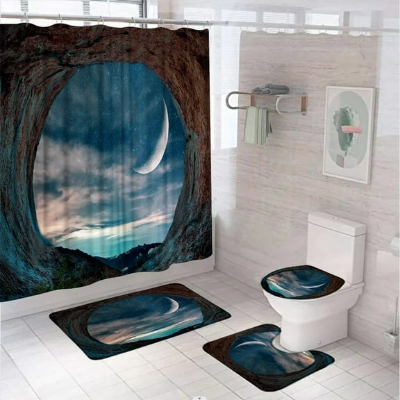 Psychedelic Fairy Tale Castle Bathroom Set Shower Curtain Rug Bath Mat Lid Toilet Cover Cave Starry Sky Full Moon Bath Curtains
