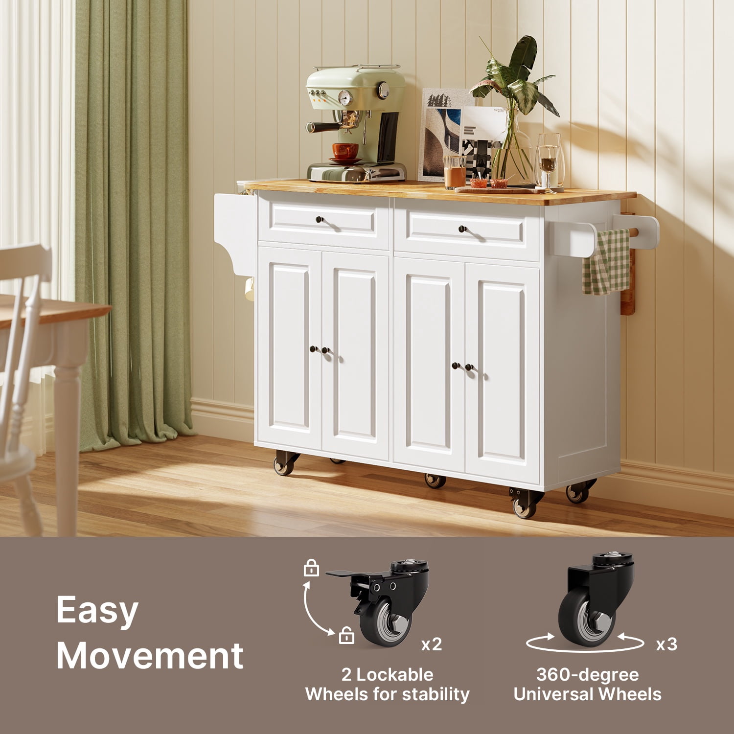 Noelse Rolling Kitchen Island Table with Storage, Drop Leaf Countertop, Kitchen Island with Rubber Wood Top, Cabinets & Rack, White