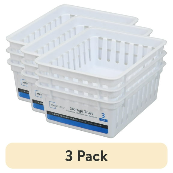 (3 pack) Mainstays Square Mini Plastic Storage Trays, Stackable, White, 3-Pack